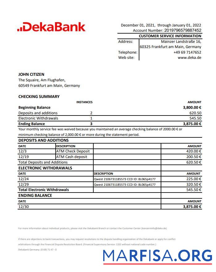 Realistic Germany Dekabank bank statement excel real example
